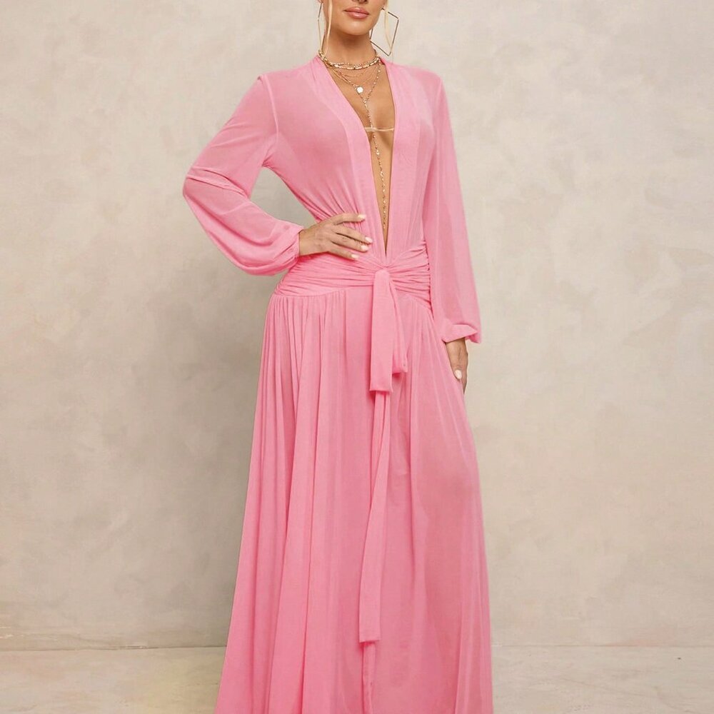 Pink Sexy Women's Extra Long Sheer V-Neck Puff Sleeves Dress - Picture 6 of 8